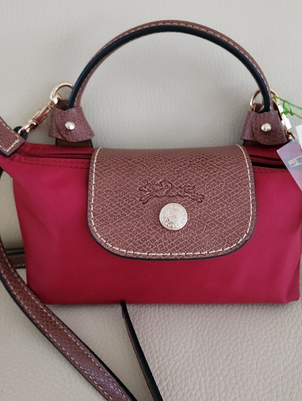 Longchamp Burgundy Nylon Crossbody with Brown Leather Trim